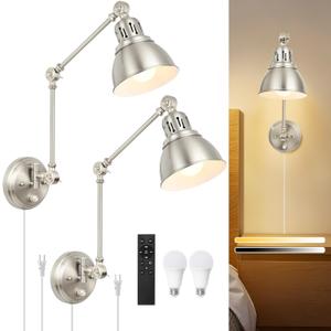 2 Pack Plug in Wall Sconces with Remote, Dimmable, Adjustable Colors, Swing Arm Wall Lamps, Wall Sconces Set of Two with Timer & Night Light, Plug-in or Hardwired (Brushed Nickel, With Bulbs+Remote)
