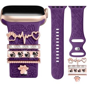 DaQin Flower Engraved Band Compatible with Apple Watch 44mm, 42mm, 45mm, 46mm for Women - Soft Silicone Band With Decorative Apple Watch Charms for iWatch Series 10, 9, 8, 7, 6, 5, 4, 3, 2, 1 SE