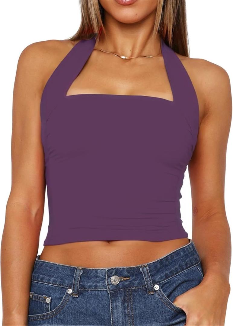 TiulZial Women Sexy Halter Neck Backless Tank Top Open Back Sleeveless Slim Fit Y2k Summer Tops, S