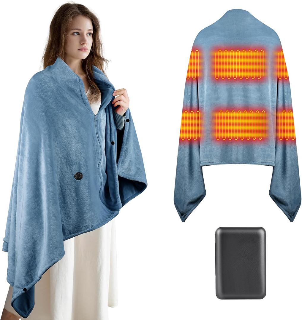 Heated Blanket Battery Operated 5V 10000mAh Battery 62" x 35" Portable Heated Shawl Wraps for Women Men Cordless Rechargeable Heated Blanket 3 Heating Settings 6 Heating Zones Blue