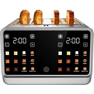 4 Slice Toaster Wide Slot Dual Digital TouchScreen & Independent Control Panel | Single-Slot Tech Timer/Reheat/Defrost for Bagels Bread | 1800W Stainless Steel 6 Toast Types & Shade Settings
