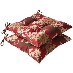 Pillow Perfect Floral Indoor/Outdoor Chair Seat Cushion with Ties, Tufted, Weather, and Fade Resistant, 18.5" x 19", Brown/Red Montifleuri, 2 Count