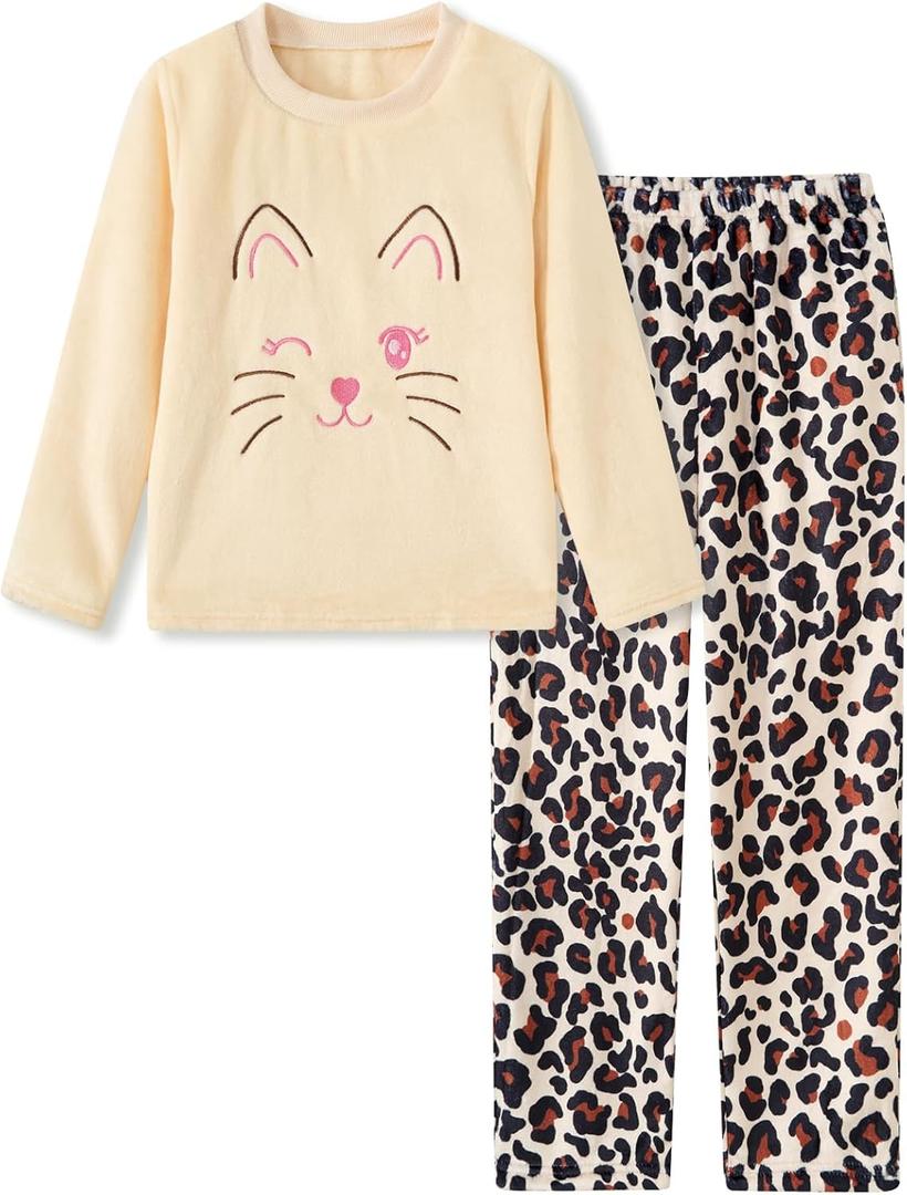 Funnycokid Girls Fleece Pajamas Set Kids Soft Flannel Pjs Pullover Top Pants Loungewear Beige Cheetah, 9-10 Years