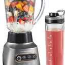 Hamilton Beach Wave Action Blender for Smoothies, Stainless Steel Ice Sabre Blades, 40oz Glass Jar, 20oz Blend-In Portable Travel Jar, 800 Watts, Quiet Design, Gray (58181)