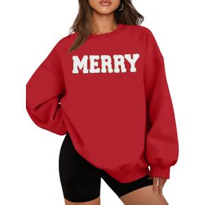 FASHGL Christmas Sequins Sweatshirts Women Merry Glitter Patch Crewneck Sweater Xmas Long Sleeve Pullover Top (Red, S)