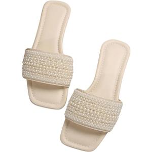 GORGLITTER Women's Pearl Sandals Rhinestone Sparkly Bridal Dressy Slides, 11, Beige Pearl