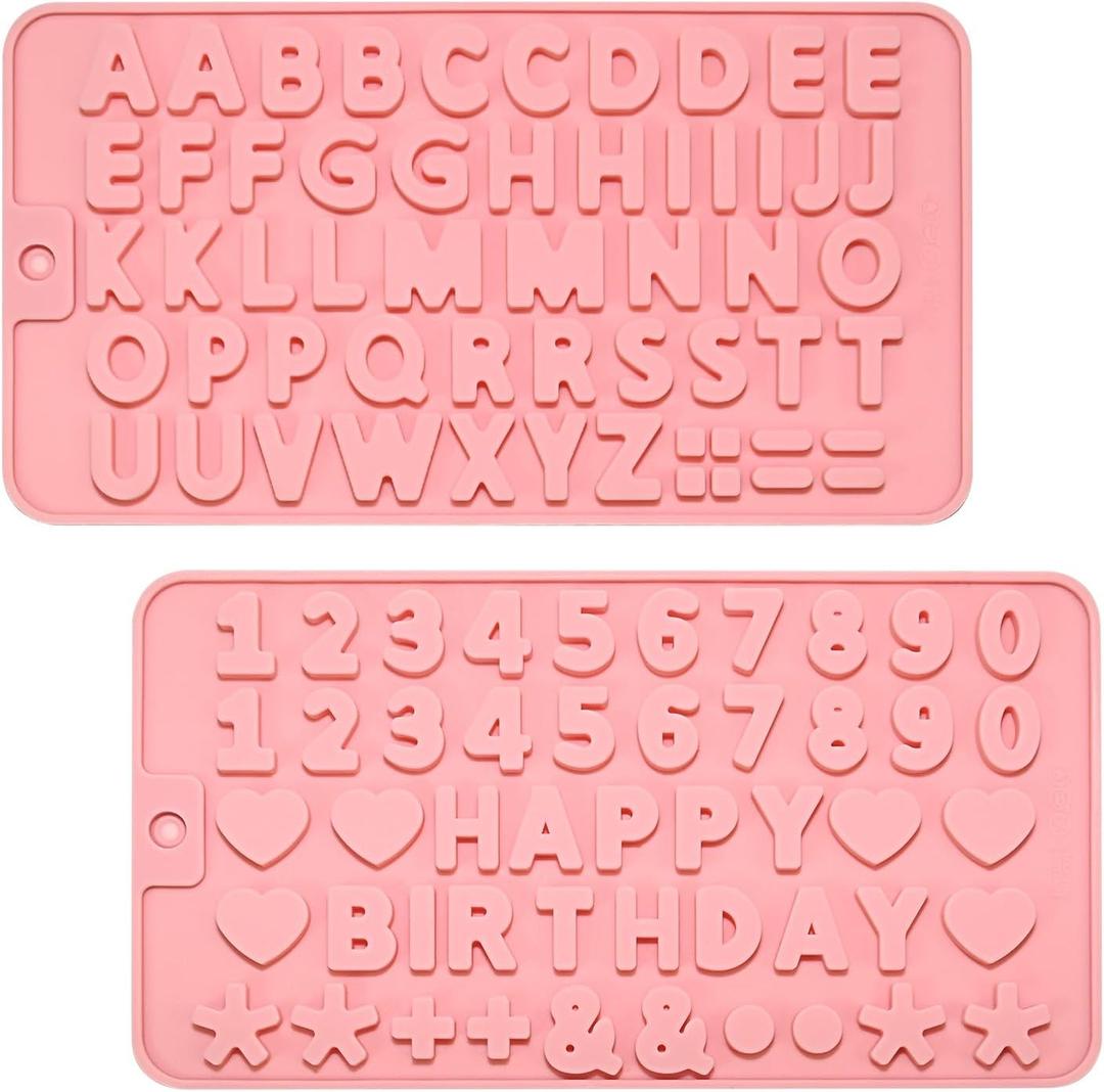 2 PCS Silicone Letter Molds and Number Molds for Chocolate, Reusable Alphabet Candy Molds with Happy Birthday Symbols for Cake, Cookies, Ice Cubes