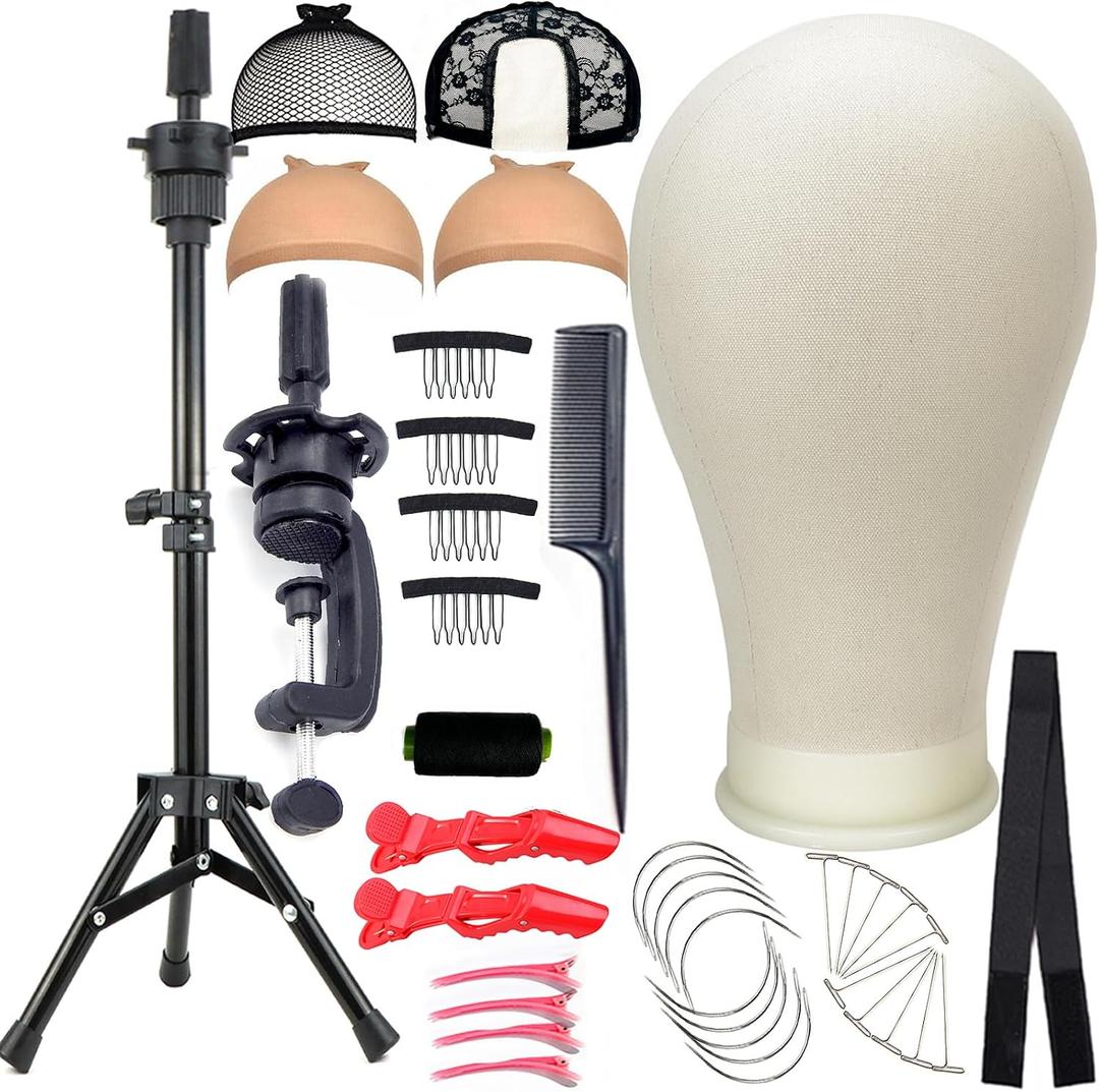 Wig Stand Tripod with Heads, Canvas Block Head Mannequin Head Stand Wigs Display Styling Head With Mount Hole for Wigs Making Display with Wig Caps, T Pins C Pins Set Bristle Brush