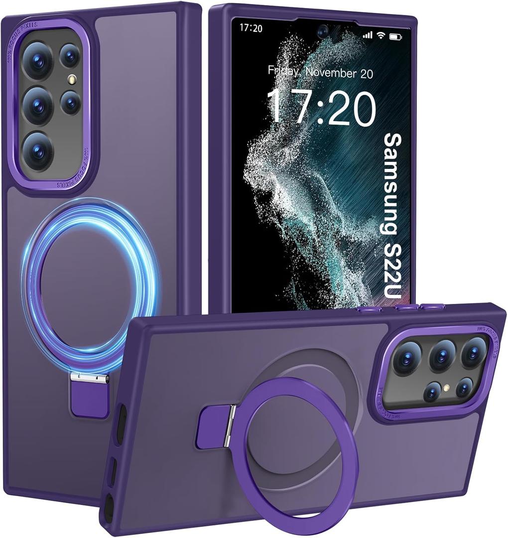 Compatible with Samsung Galaxy S22 Ultra Case with Magnetic Ring Stand, Military Drop Protection, Anti-Scratch/Anti-Fingerprint Translucent Matte Case for Samsung S22 Ultra (Purple)