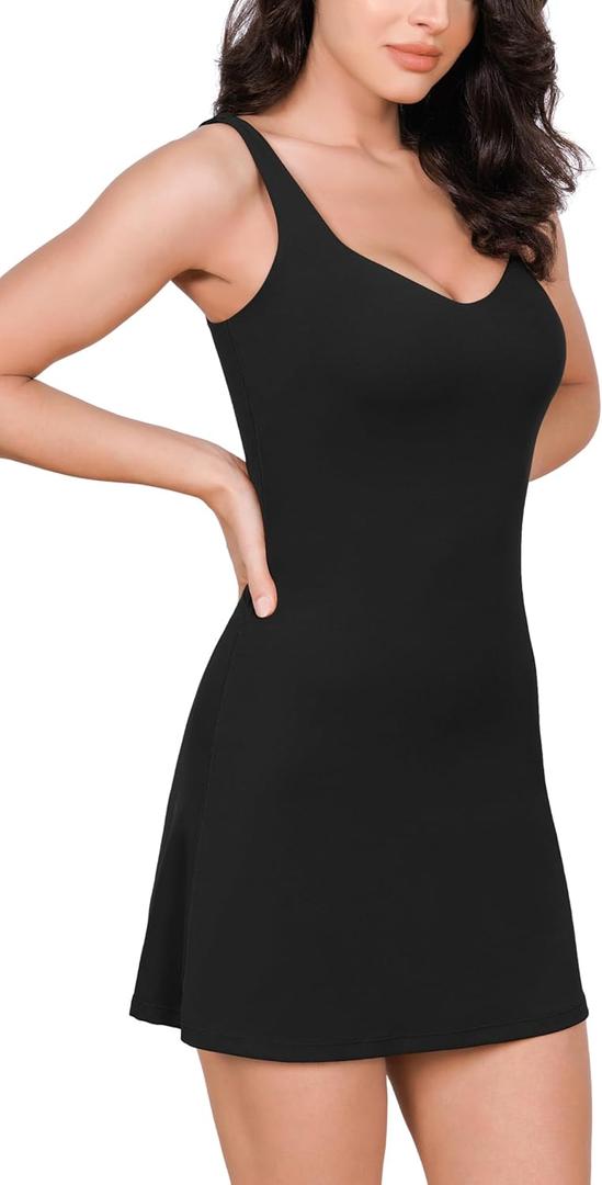 ODODOS Women's Cloud Feeling Tank Dress with Separate Shorts and Built in Bra U Back Mini Tennis Dress (Black, Small)