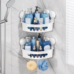 TAILI Suction Corner Shower Caddy, Bathroom Shelf Storage Basket Wall Mounted Organizer for Shampoo, Conditioner, Plastic Rack for Kitchen&Bathroom, Drill-Free Removable (2 Pack)