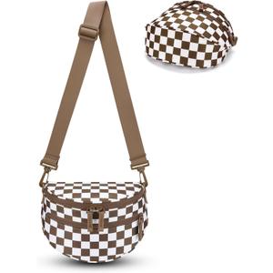 FODOKO Small Checkered Crossbody Bag Nylon Bum Bags shoulder Purses Handbags Wallets for Women (Caramel)