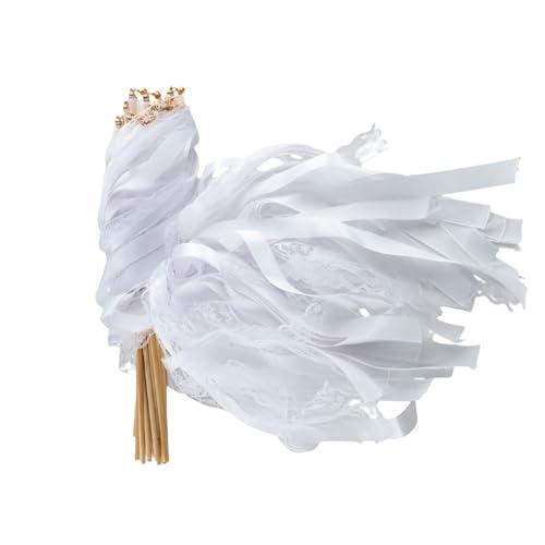 Trutob 30 Pcs Wedding Wand, White Ribbon Sticks, Wedding Streamers, Lace Ribbon Streamers, Wedding Exit Items, Send Off Wands, Props Sticks with Bells for Wedding Party Celebration Favors