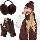 JenPen 4 Pcs Winter Hat Scarf and Gloves Set for Women Include Ear Cover Cold Weather Scarf Hat Knit Beanie Gloves (Dark Brown)