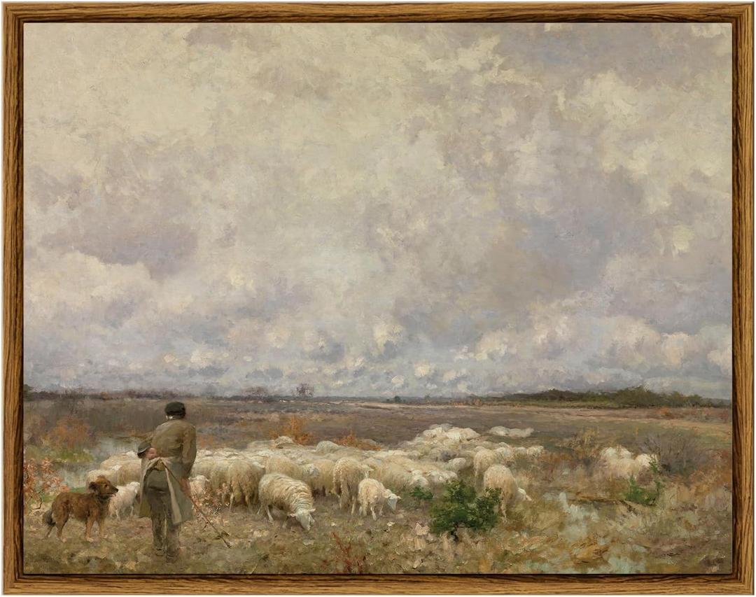 ARPEOTCY Vintage Wall Art, Farm Pasture Sheep Retro Painting, Framed Art Decor Aesthetic, 11x14 Inch Canvas Print Artwork, Meadow Nature Landscape Wall Decor for Bedroom Living Room Shelf (14L" x 11W")