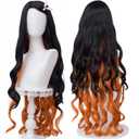 SL Nezuko Cosplay Wig + Pink Ribbon for DS, Long Black Orange Wig Anime Hair Wigs with Cap for Halloween Costume Party