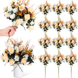 Hotop 12 Bunches of Artificial Roses Flowers Centerpiece 144 Heads Silk Faux Roses Bouquets for Table Decoration Realistic Bouquet Arrangement Boho Faux Flowers for Wedding(Champagne)