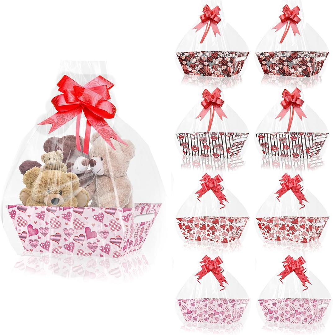 CIEOVO 24-Piece Valentine's Day Gift Basket Set: Empty Cardboard Trays with Cellophane Bags, Bows & Tags (Red pink-1)