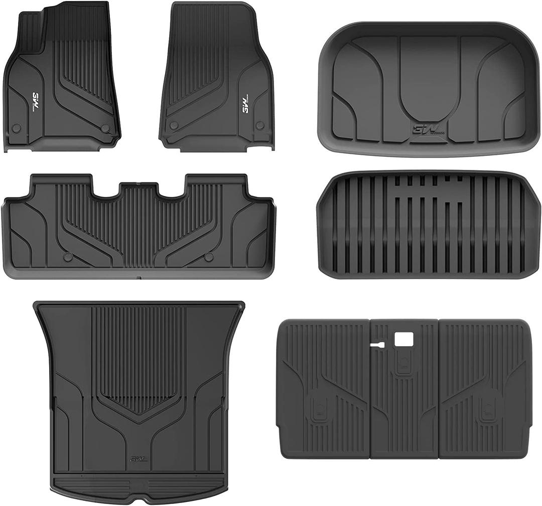 3W Tesla Model Y Floor Mats, TPE Floor Liner for Tesla Model Y 2020-2024, Full Set Black Floor Mats, Cargo Liner and Rear Seat Back Mats Accseeories for Tesla 5-Seater(Not for Juniper)