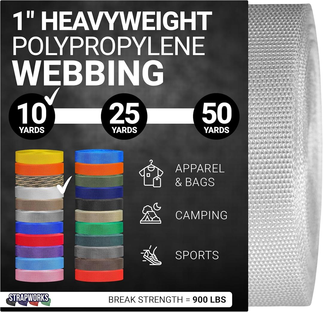 Strapworks Heavyweight Polypropylene Webbing - Heavy Duty Poly Strapping for Outdoor DIY Gear Repair (1" x 10 yard, White)