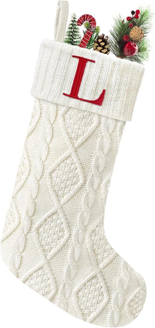 Senneny Christmas Stockings with Initials, 20 Large Embroidered Monogram Knitted Stockings for Family, Kids, Xmas Holiday Party Gifts & Decoration for Fireplace, White, Letter L