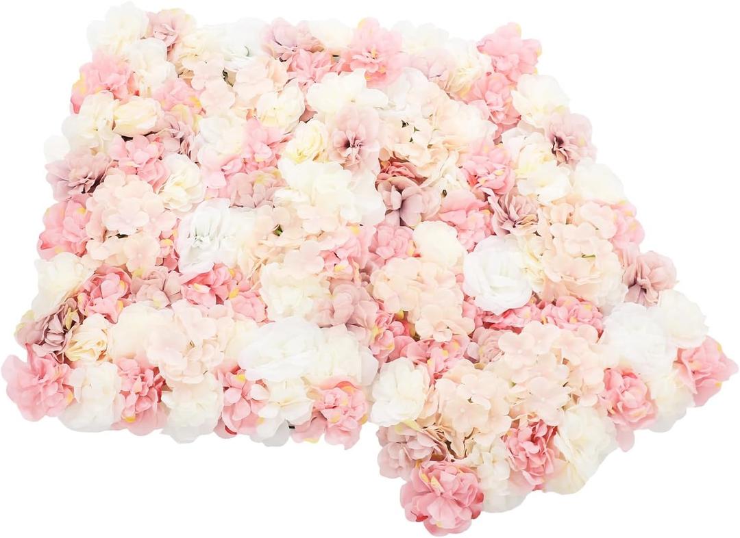 6 Pcs Artificial Flower Wall Panels, 24x16 Inch Pink & White Silk Rose Hydrangea Floral Backdrop for Wedding Party Decor, Faux Flower Mat for Home Garden Wall Decoration