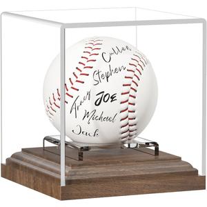 Baseball Display Case for Balls Walnut Wood Base Acrylic Baseball Holder Display Case Uv Protection Baseball Cube Box Stand Memorabilia Autograph Ball, Ideal Gift for Official Size Ball Display