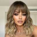 AISI HAIR Synthetic Wavy Curly Bob Wig with Bangs Ombre Blonde Mixed Short Hair for Women Synthetic Heat Resistant Bob Wigs