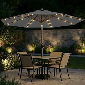 Patio Kingdom 11FT Solar Patio Umbrella with Lights, Outdoor Table Market Umbrella with 32 LED Lights, 8 Sturdy Ribs, Smooth Crank Lift for Pool, Deck and Garden, UV-Resistant, Gray