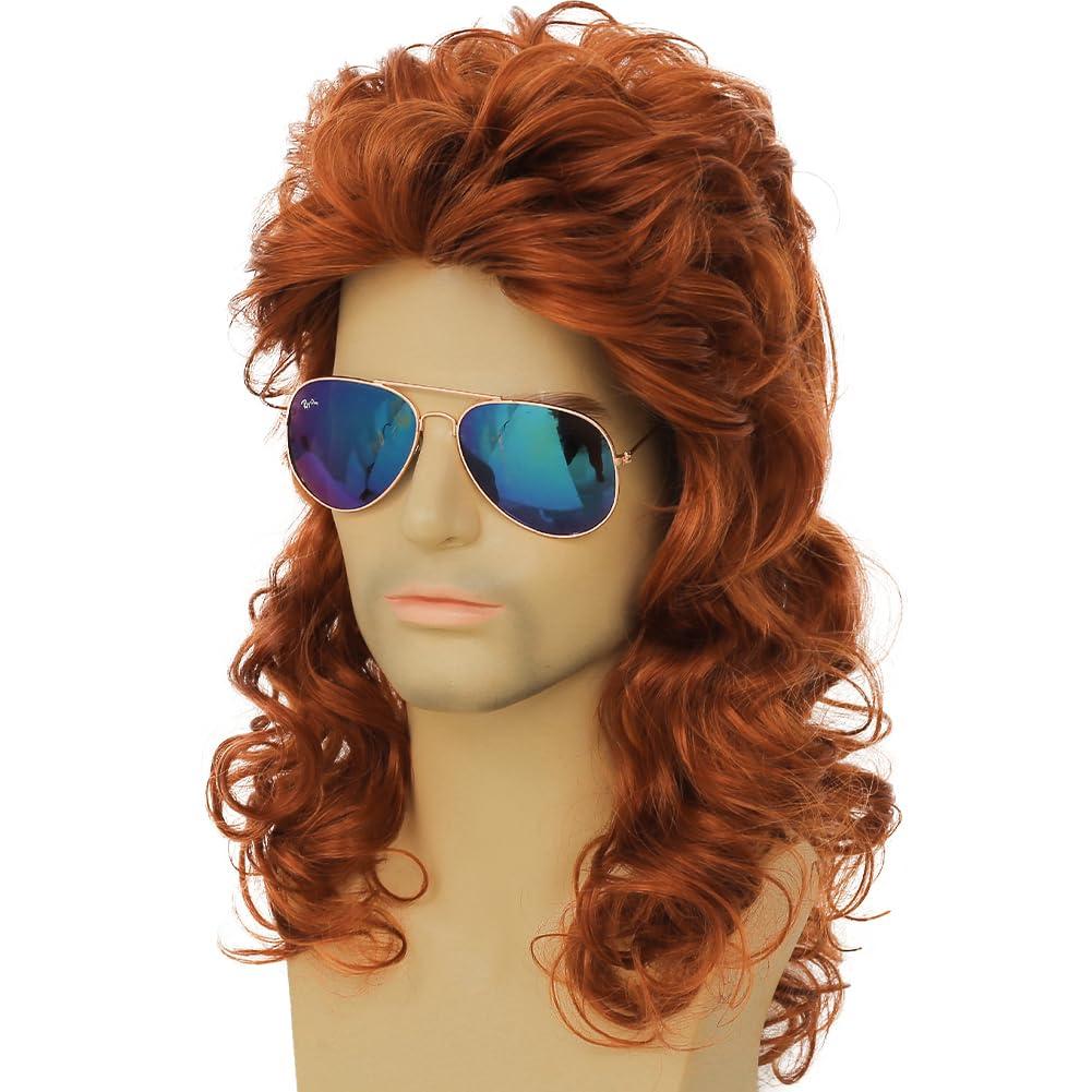 Mens Orange Mullet Wig Long Curly 80s Rocker Wigs Cosplay Halloween Costumes Party Hair Wig for Male Guys(Orange)