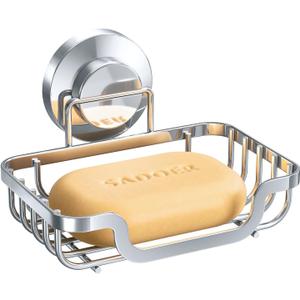 LEVERLOC Soap Dish, Soap Bar Holder for Shower Suction Cup Wall Mounted, Stainless Steel No-Drilling Removable Waterproof Sponge Holder for Bathroom Bathtub Kitchen Sink, Keep Dry, Silver (5.7" * 4.8")