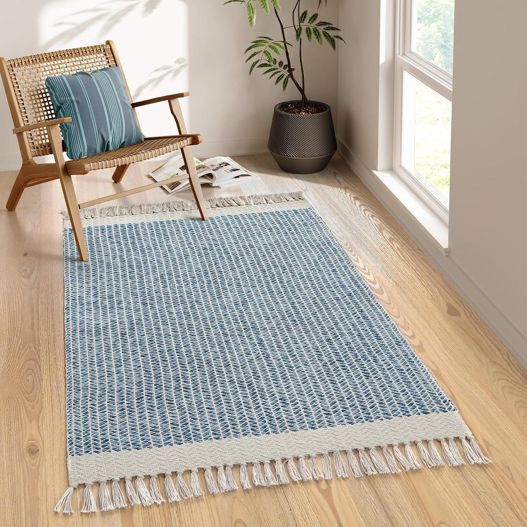 Lahome Belle Boho Bedroom Rug, 3x5 Blue Office Rug, Lightweight Bath Door Mats Indoor Woven Entry Rugs with Tassels, Non-Shedding Washable Throw, Farmhouse Carpet for Living Room, Camper RV