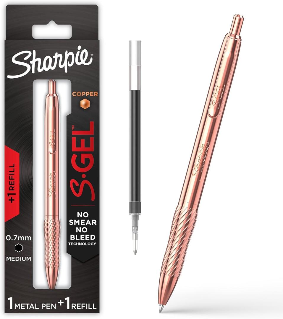 Sharpie S-Gel Gel Pen, Copper Metal Body, Medium Point (0.7mm), Black Ink, Includes 1 Pen and 1 Additional Ink Refill