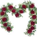 Dolicer 2Pcs 13Ft Artificial Eucalyptus Garlands with Flowers - 8 Roses, Faux Floral Greenery Garlands Fake Flowers Vines for Wedding Table Centerpieces Arch Party Ceremony Backdrop Decor (Red)