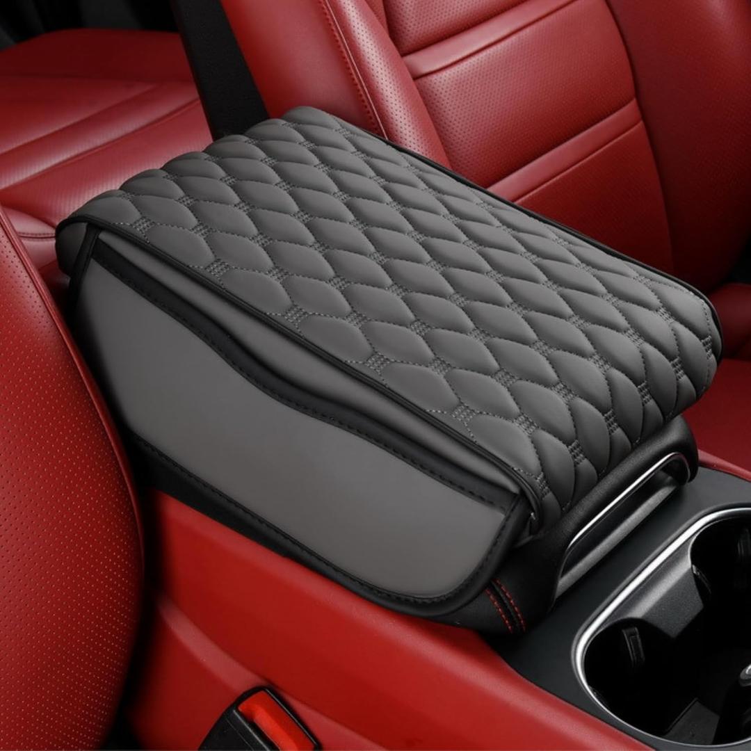Car Armrest Cushion Pad Auto Center Console Cover with Storage Bag Memory Foam Arm Rest Console Pad Leather Universal Fit for Most Vehicles (Thick Pad, Grey)