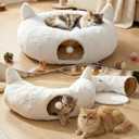 OurWarm Cat Tunnel Bed for Indoor Cats, Soft Plush Round Peekaboo Cat Bed Cave with Washable Cushion, Under Cristmas Tree Cat Donut Tunnel Toys for Kitten Rabbit Puppy (White)