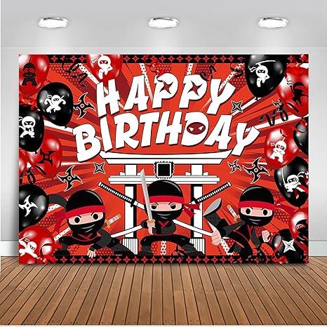 Mocsicka Ninja Birthday Backdrop - Red & Black Ninja Warrior Themed Party Supplies with Happy Birthday Banner (6x4ft)