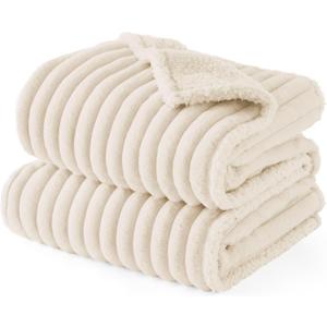 Bedsure ComfyFleece Waterproof Dog Blankets for Small Dogs - Soft Puppy Cat Blanket Corduroy Fleece Washable, Cozy Calming Reversible Furniture Protection for Pet Kitten Doggy,25"x35", Cream