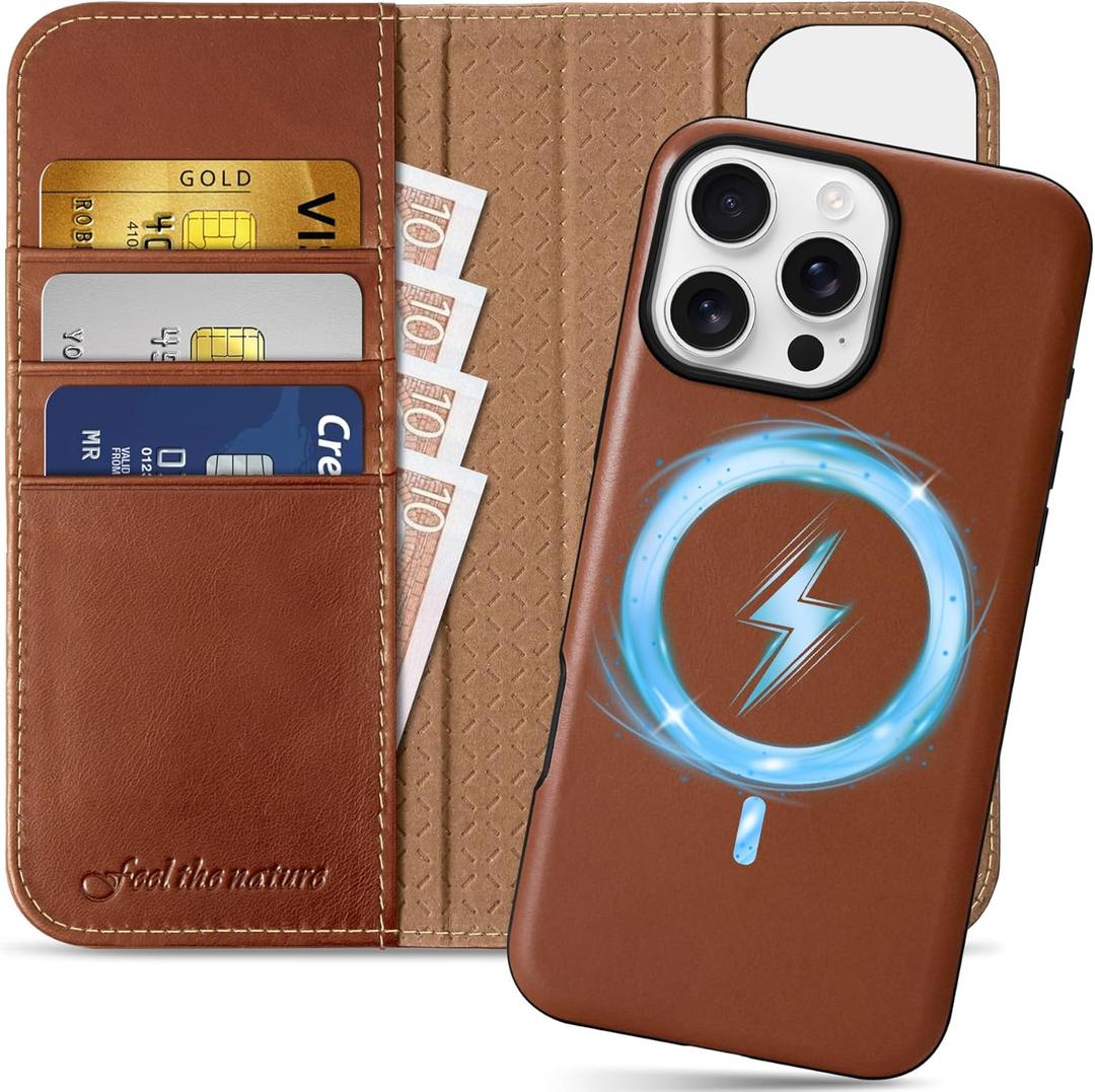 SHIELDON Case for iPhone 16 Pro Max 6.9", Genuine Leather 2 in 1 Wallet Kickstand RFID Blocking Card Holder Magnetic Shockproof Wireless Charging Case Compatible with iPhone 16 Pro Max - Retro Brown