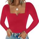 Chunpin Women's Long Sleeve Bodysuit Square Neck Notch V Neck Body Suits Double Lined Going Out Outfits Thong Bodysuits (Large)