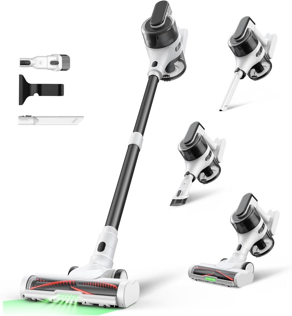 Cordless Stick Rechargeable Vacuum Cleaner, Lightweight, 55min Runtime, 9 in 1 Powerful Suction, Self Standing, Wide Angle LED Headlight, Ideal for Carpets, Hardwood Floors, Pet Hair, and Home (Black & White)