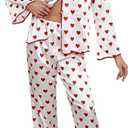 Womens Valentine's Day Pajama Set Heart Print Long Sleeve Stain Button Up Shirts+Pants 2 Piece Sleepwear (Medium)