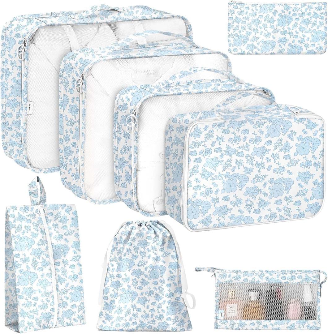 8 Set Packing Cubes for Travel, Luggage Packing Organizers Accessories Large Toiletries Bag for Clothes Shoes Cosmetics (Blue Flower)