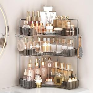 Kinkota 3-Tier Corner Organizer with Hooks, Gray PET Counter Storage | Multi-Purpose for Bathroom Skincare & Kitchen Organization Dark Blue