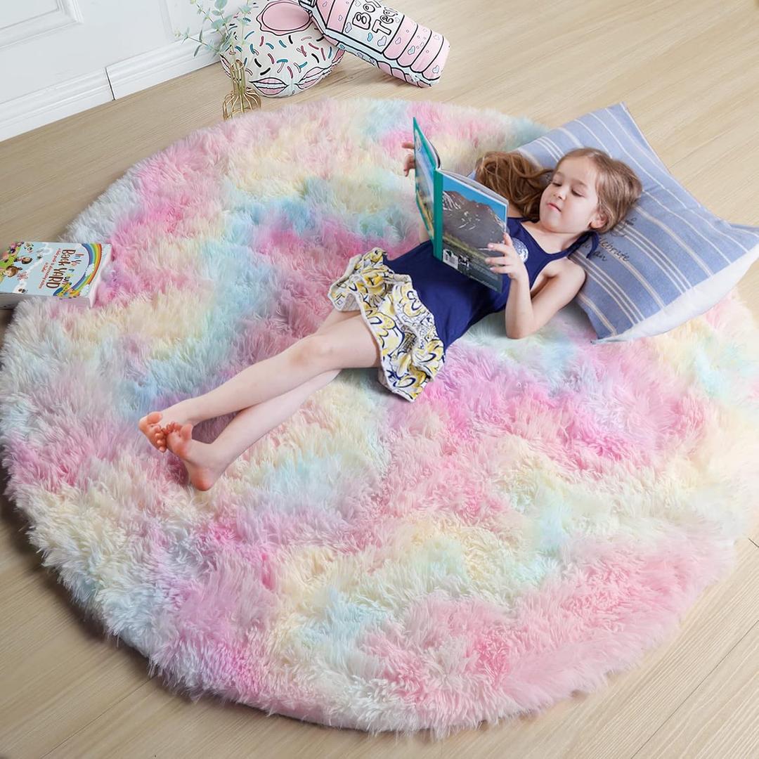 Amdrebio Rainbow Fluffy Round Rug 5Ft Kids Rugs for Girls Bedroom, Unicorn Room Decor, Colorful Pastel Shag Carpet for Playroom Baby Nursery, Cute Furry Kawaii Circle Area Rug for Toddler Princess