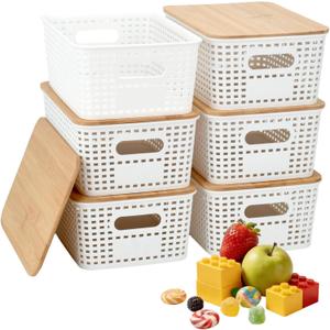 Stackable Storage Bins with Bamboo Lids, 6-Pack, BPA-Free Plastic, 5.1 Qt Capacity, Side Handle, 10x7.2x4.13 Inch, for Home Organization