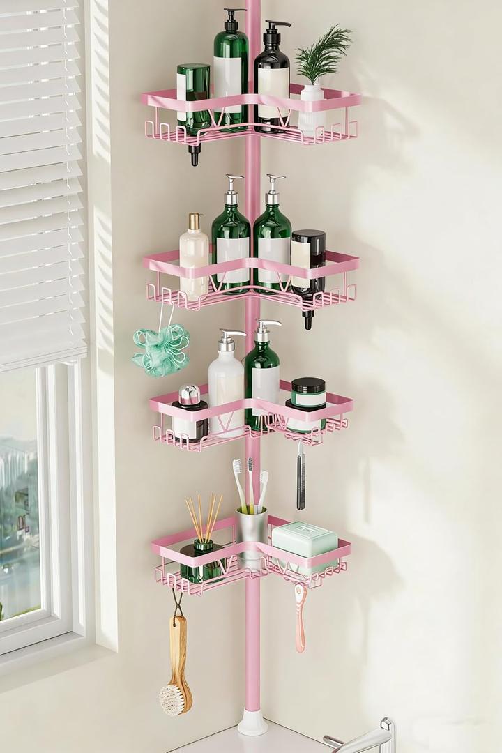 DAOYA Corner Shower Caddy Tension Pole - Pink - Rustproof Adjustable Bathroom Organizer Shelf for Shampoo, 25114.2 Inch Shower Rack for Renters, Apartments