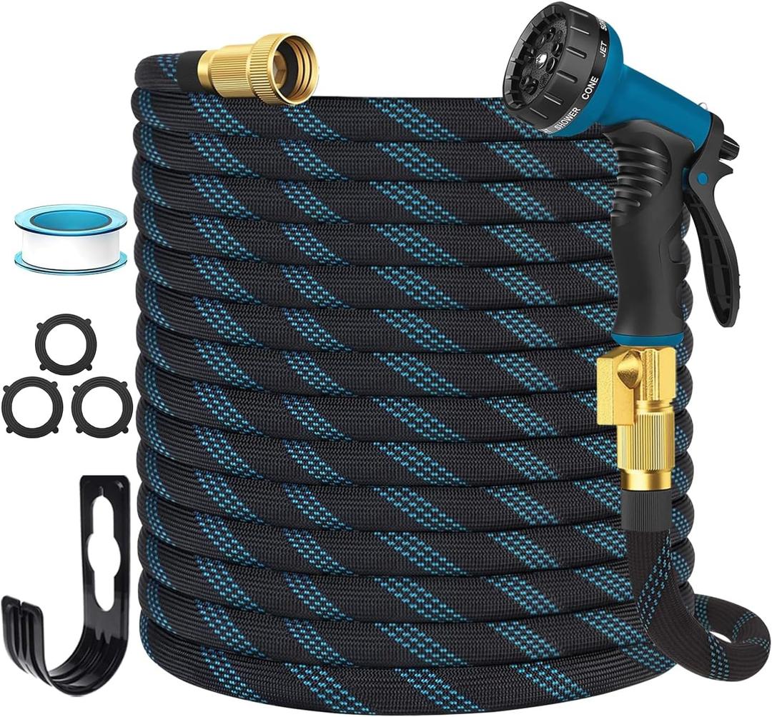 Garden Hose Non-Expandable 50 ft, Lightweight Flexible Water Hose with 10-Pattern Spray Nozzle, Leak Proof, Kink-Free, Portable Hose for Yard, Lawn, Camper, High-Density Fabric, Black Blue