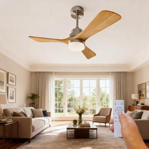 36 Inch Wooden Ceiling Fan with Light, Solid Wood Blades & LED Lighting, 6-Speed Reversible Motor, Remote Control, Quiet Indoor Ceiling Fan for Bedroom, Living Room, Kitchen - Natural Wood