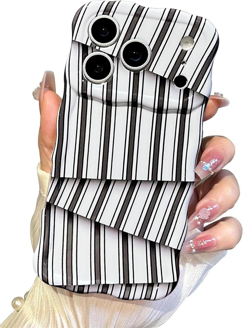2 x I-MGAE-IN-AR Cute for iPhone 17 Pro Max Case Striped Phone Case [Curly Wave Edge] [Full Camera Protection] [14 FT Drop Protection] Soft TPU Slim Shockproof Phone Cover for Men and Women, Black